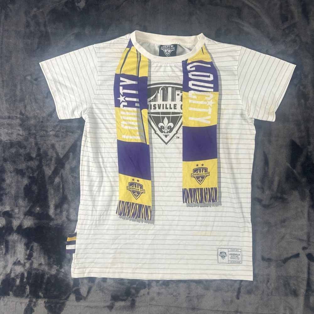Louisville City FC Graphic T-Shirt Youth M White Scarf Print Striped Soccer Tee